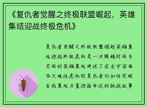 《复仇者觉醒之终极联盟崛起，英雄集结迎战终极危机》